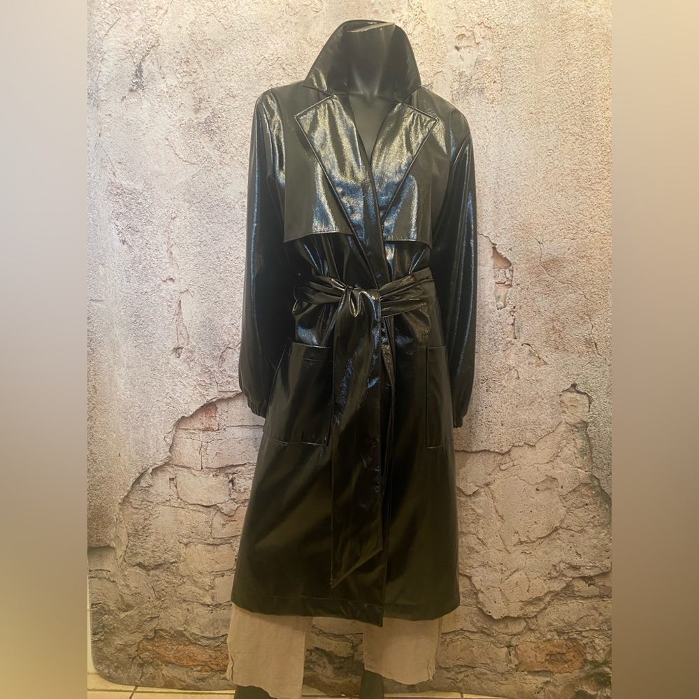 Cara Santana Black Patent Belted Trench